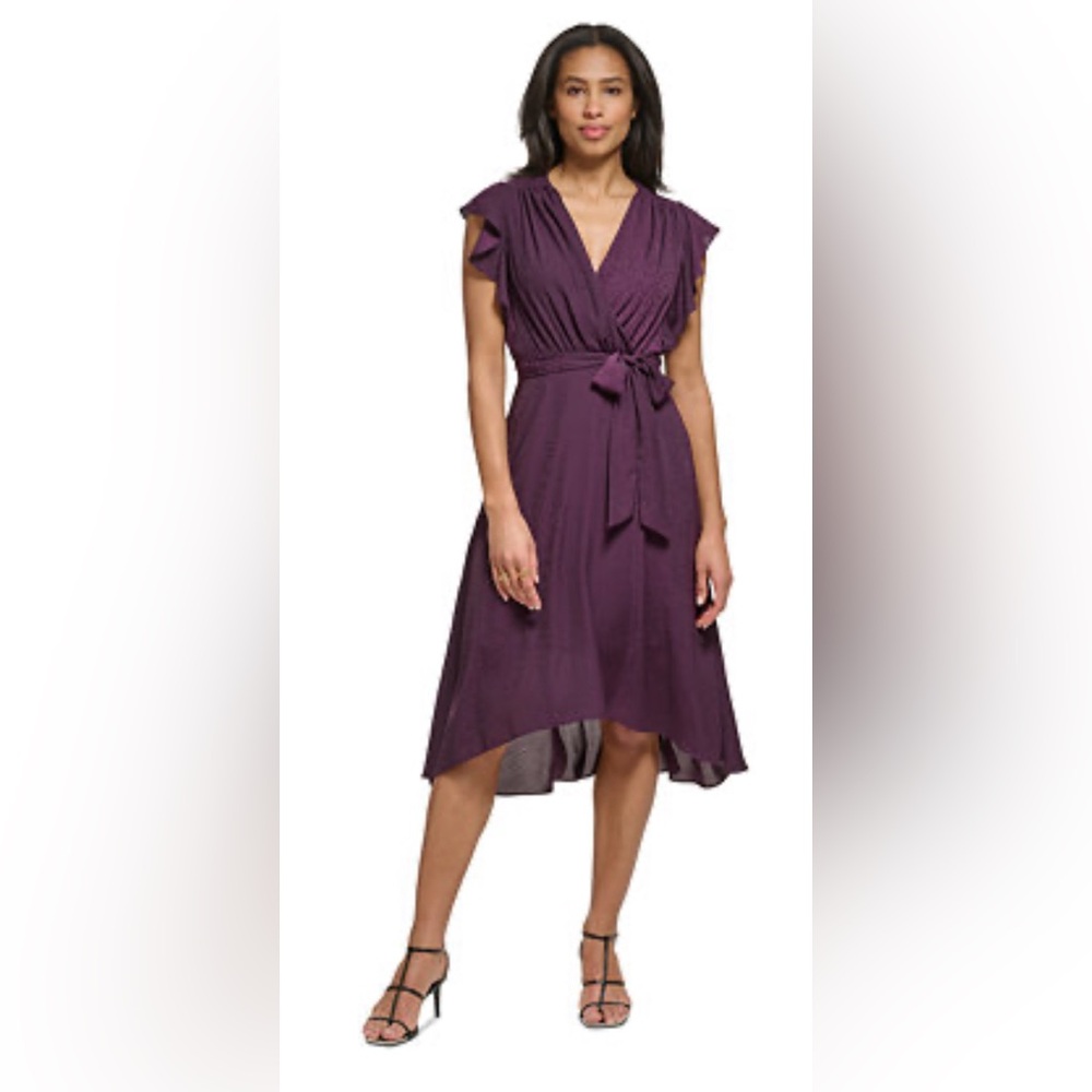 DKNY Plum tone on tone leopard style flutter sleeve, high low dress Sz 2 NWT